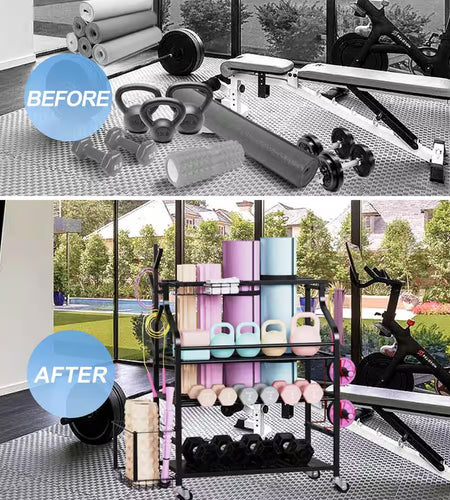 4 Layers Yoga Mat Storage Rack, Dumbbells Rack, Home Gym Holder Garage Storage Organizer with Wheels and Hooks