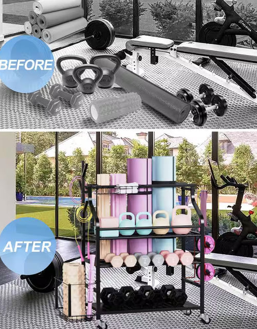 Load image into Gallery viewer, 4 Layers Yoga Mat Storage Rack, Dumbbells Rack, Home Gym Holder Garage Storage Organizer with Wheels and Hooks
