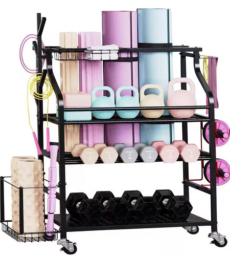 4 Layers Yoga Mat Storage Rack, Dumbbells Rack, Home Gym Holder Garage Storage Organizer with Wheels and Hooks