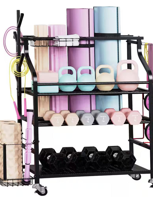 Load image into Gallery viewer, 4 Layers Yoga Mat Storage Rack, Dumbbells Rack, Home Gym Holder Garage Storage Organizer with Wheels and Hooks
