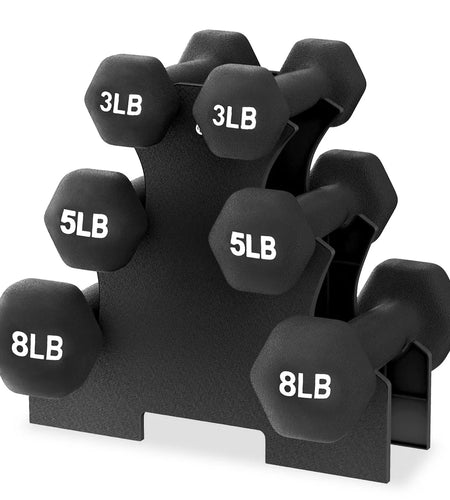 Balancefrom Fitness 32 Pound Neoprene Coated Cast Iron Dumbbell Exercise Workout Set with Stand, 3 Pairs of 3, 5, and 8 Pound Weights, Black