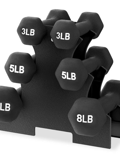 Load image into Gallery viewer, Balancefrom Fitness 32 Pound Neoprene Coated Cast Iron Dumbbell Exercise Workout Set with Stand, 3 Pairs of 3, 5, and 8 Pound Weights, Black
