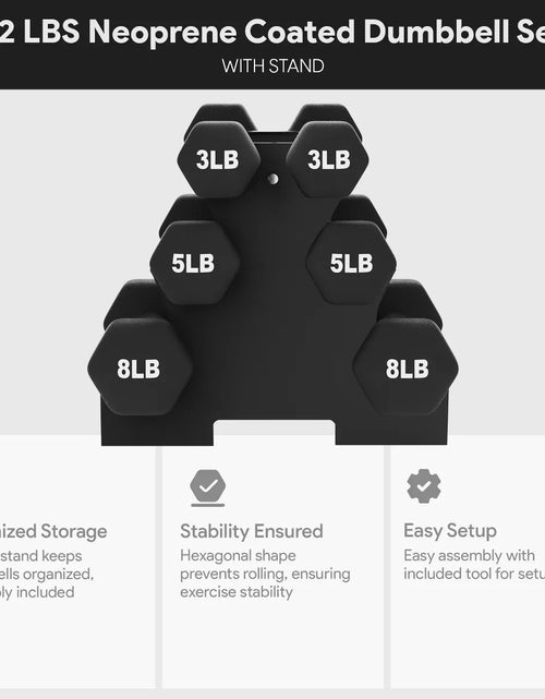 Load image into Gallery viewer, Balancefrom Fitness 32 Pound Neoprene Coated Cast Iron Dumbbell Exercise Workout Set with Stand, 3 Pairs of 3, 5, and 8 Pound Weights, Black
