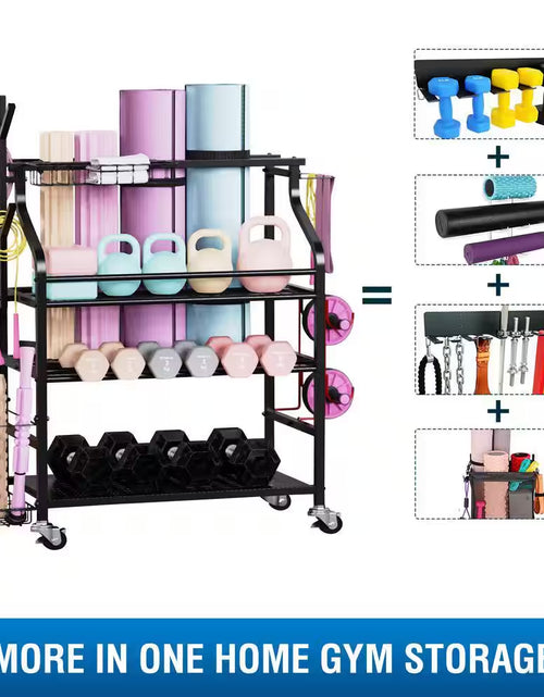 Load image into Gallery viewer, 4 Layers Yoga Mat Storage Rack, Dumbbells Rack, Home Gym Holder Garage Storage Organizer with Wheels and Hooks
