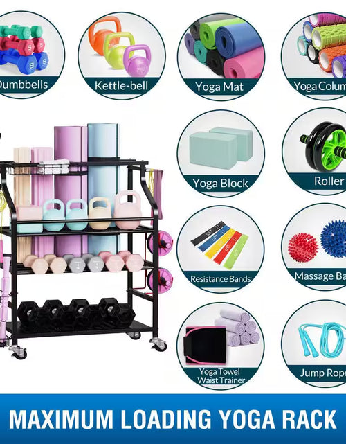 Load image into Gallery viewer, 4 Layers Yoga Mat Storage Rack, Dumbbells Rack, Home Gym Holder Garage Storage Organizer with Wheels and Hooks
