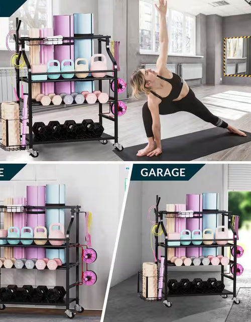 Load image into Gallery viewer, 4 Layers Yoga Mat Storage Rack, Dumbbells Rack, Home Gym Holder Garage Storage Organizer with Wheels and Hooks
