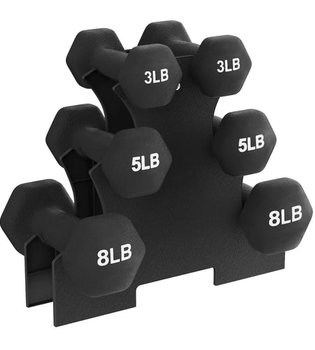 Balancefrom Fitness 32 Pound Neoprene Coated Cast Iron Dumbbell Exercise Workout Set with Stand, 3 Pairs of 3, 5, and 8 Pound Weights, Black