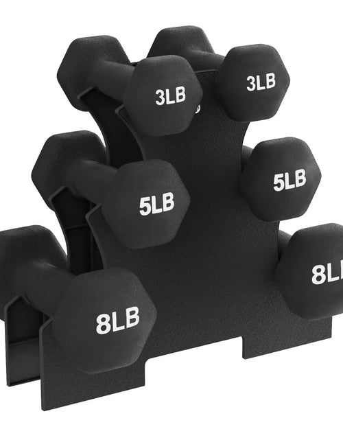 Load image into Gallery viewer, Balancefrom Fitness 32 Pound Neoprene Coated Cast Iron Dumbbell Exercise Workout Set with Stand, 3 Pairs of 3, 5, and 8 Pound Weights, Black
