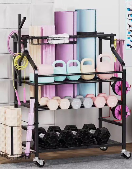 Load image into Gallery viewer, 4 Layers Yoga Mat Storage Rack, Dumbbells Rack, Home Gym Holder Garage Storage Organizer with Wheels and Hooks
