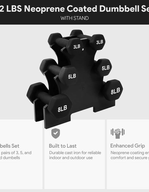 Load image into Gallery viewer, Balancefrom Fitness 32 Pound Neoprene Coated Cast Iron Dumbbell Exercise Workout Set with Stand, 3 Pairs of 3, 5, and 8 Pound Weights, Black
